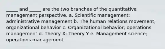 _____ and _____ are the two branches of the quantitative management perspective. a. Scientific management; administrative management b. The human relations movement; organizational behavior c. Organizational behavior; operations management d. Theory X; Theory Y e. Management science; operations management