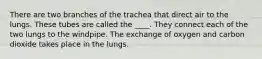 There are two branches of the trachea that direct air to the lungs. These tubes are called the ____. They connect each of the two lungs to the windpipe. The exchange of oxygen and carbon dioxide takes place in the lungs.