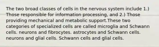 The two broad classes of cells in the nervous system include 1.) Those responsible for information processing, and 2.) Those providing mechanical and metabolic support.These two categories of specialized cells are called microglia and Schwann cells. neurons and fibrocytes. astrocytes and Schwann cells. neurons and glial cells. Schwann cells and glial cells.