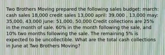 Two Brothers Moving prepared the following sales budget: march: cash sales 18,000 credit sales 13,000 april: 39,000 , 13,000 may: 35,000, 43,000 june: 51,000, 50,000 Credit collections are 25% in the month of sale. 60% in the month following the sale, and 10% two months following the sale. The remaining 5% is expected to be uncollectible. What are the total cash collections in June at Two Brothers Moving?