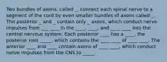 Two bundles of axons, called _, connect each spinal nerve to a segment of the cord by even smaller bundles of axons called _. The posterior _ and _ contain only _ axons, which conduct nerve impulses from ___ ____ in the ____, ____, and ____ ____ into the central nervous system. Each posterior ____ has a ____, the posterior root _____, which contains the ____ ____ of ____ ____. The anterior ____ and ____ contain axons of ____ ____, which conduct nerve impulses from the CNS to _____.