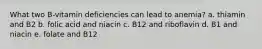 What two B-vitamin deficiencies can lead to anemia? a. thiamin and B2 b. folic acid and niacin c. B12 and riboflavin d. B1 and niacin e. folate and B12