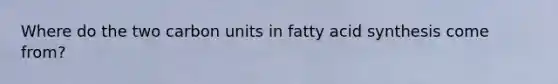 Where do the two carbon units in fatty acid synthesis come from?