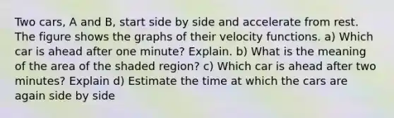 Two cars, A and B, start side by side and accelerate from rest. The figure shows the graphs of their velocity functions. a) Which car is ahead after one minute? Explain. b) What is the meaning of the area of the shaded region? c) Which car is ahead after two minutes? Explain d) Estimate the time at which the cars are again side by side