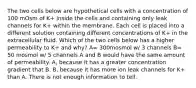 The two cells below are hypothetical cells with a concentration of 100 mOsm of K+ inside the cells and containing only leak channels for K+ within the membrane. Each cell is placed into a different solution containing different concentrations of K+ in the extracellular fluid. Which of the two cells below has a higher permeability to K+ and why? A= 300mosmol w/ 3 channels B= 50 mosmol w/ 5 channels A and B would have the same amount of permeability. A, because it has a greater concentration gradient that B. B, because it has more ion leak channels for K+ than A. There is not enough information to tell.