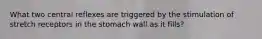 What two central reflexes are triggered by the stimulation of stretch receptors in the stomach wall as it fills?