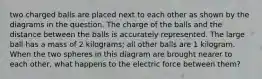 two charged balls are placed next to each other as shown by the diagrams in the question. The charge of the balls and the distance between the balls is accurately represented. The large ball has a mass of 2 kilograms; all other balls are 1 kilogram. When the two spheres in this diagram are brought nearer to each other, what happens to the electric force between them?