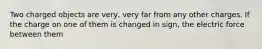 Two charged objects are very, very far from any other charges. If the charge on one of them is changed in sign, the electric force between them
