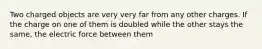 Two charged objects are very very far from any other charges. If the charge on one of them is doubled while the other stays the same, the electric force between them