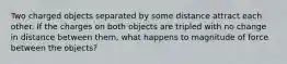 Two charged objects separated by some distance attract each other. If the charges on both objects are tripled with no change in distance between them, what happens to magnitude of force between the objects?