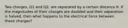 Two charges, Q1 and Q2, are separated by a certain distance R. If the magnitudes of their charges are doubled and their separation is halved, then what happens to the electrical force between these charges?