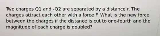 Two charges Q1 and -Q2 are separated by a distance r. The charges attract each other with a force F. What is the new force between the charges if the distance is cut to one-fourth and the magnitude of each charge is doubled?