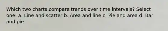 Which two charts compare trends over time intervals? Select one: a. Line and scatter b. Area and line c. Pie and area d. Bar and pie