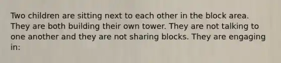 Two children are sitting next to each other in the block area. They are both building their own tower. They are not talking to one another and they are not sharing blocks. They are engaging in: