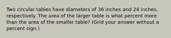 Two circular tables have diameters of 36 inches and 24 inches, respectively. The area of the larger table is what percent more than the area of the smaller table? (Grid your answer without a percent sign.)