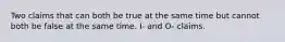 Two claims that can both be true at the same time but cannot both be false at the same time. I- and O- claims.