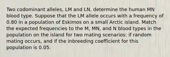 Two codominant alleles, LM and LN, determine the human MN blood type. Suppose that the LM allele occurs with a frequency of 0.80 in a population of Eskimos on a small Arctic island. Match the expected frequencies to the M, MN, and N blood types in the population on the island for two mating scenarios: if random mating occurs, and if the inbreeding coefficient for this population is 0.05.