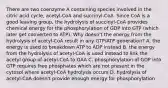 There are two coenzyme A containing species involved in the citric acid cycle, acetyl-CoA and succinyl-CoA. Since CoA is a good leaving group, the hydrolysis of succinyl-CoA provides chemical energy for the phosphorylation of GDP into GTP (which later get converted to ATP). Why doesn't the energy from the hydrolysis of acetyl-CoA result in any GTP/ATP generation? A. the energy is used to breakdown ATP to ADP instead B. the energy from the hydrolysis of acetyl-CoA is used instead to link the acetyl group of acetyl-CoA to OAA C. phosphorylation of GDP into GTP requires free phosphates which are not present in the cytosol where acetyl-CoA hydrolysis occurs D. hydrolysis of acetyl-CoA doesn't provide enough energy for phosphorylation