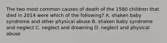 The two most common causes of death of the 1580 children that died in 2014 were which of the following? A. shaken baby syndrome and other physical abuse B. shaken baby syndrome and neglect C. neglect and drowning D. neglect and physical abuse