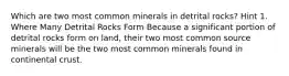 Which are two most common minerals in detrital rocks? Hint 1. Where Many Detrital Rocks Form Because a significant portion of detrital rocks form on land, their two most common source minerals will be the two most common minerals found in continental crust.