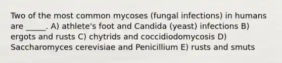 Two of the most common mycoses (fungal infections) in humans are _____. A) athlete's foot and Candida (yeast) infections B) ergots and rusts C) chytrids and coccidiodomycosis D) Saccharomyces cerevisiae and Penicillium E) rusts and smuts