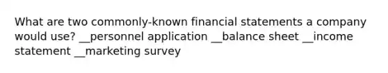 What are two commonly-known financial statements a company would use? __personnel application __balance sheet __income statement __marketing survey