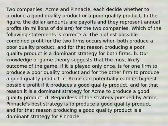 Two companies, Acme and Pinnacle, each decide whether to produce a good quality product or a poor quality product. In the figure, the dollar amounts are payoffs and they represent annual profits (in millions of dollars) for the two companies. Which of the following statements is correct? a. The highest possible combined profit for the two firms occurs when both produce a poor quality product, and for that reason producing a poor quality product is a dominant strategy for both firms. b. Our knowledge of game theory suggests that the most likely outcome of the game, if it is played only once, is for one firm to produce a poor quality product and for the other firm to produce a good quality product. c. Acme can potentially earn its highest possible profit if it produces a good quality product, and for that reason it is a dominant strategy for Acme to produce a good quality product. d. Regardless of the strategy pursued by Acme, Pinnacle's best strategy is to produce a good quality product, and for that reason producing a good quality product is a dominant strategy for Pinnacle.