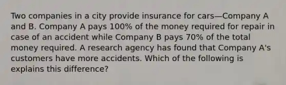 Two companies in a city provide insurance for cars—Company A and B. Company A pays 100% of the money required for repair in case of an accident while Company B pays 70% of the total money required. A research agency has found that Company A's customers have more accidents. Which of the following is explains this difference?