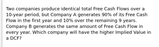 Two companies produce identical total Free Cash Flows over a 10-year period, but Company A generates 90% of its Free Cash Flow in the first year and 10% over the remaining 9 years. Company B generates the same amount of Free Cash Flow in every year. Which company will have the higher Implied Value in a DCF?