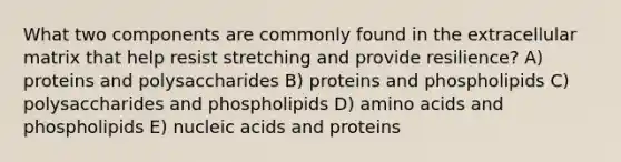 What two components are commonly found in the extracellular matrix that help resist stretching and provide resilience? A) proteins and polysaccharides B) proteins and phospholipids C) polysaccharides and phospholipids D) amino acids and phospholipids E) nucleic acids and proteins