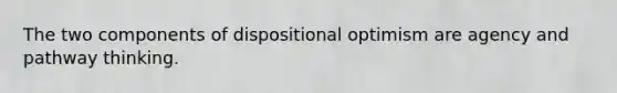 The two components of dispositional optimism are agency and pathway thinking.