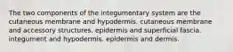 The two components of the integumentary system are the cutaneous membrane and hypodermis. cutaneous membrane and accessory structures. epidermis and superficial fascia. integument and hypodermis. epidermis and dermis.