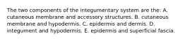 The two components of the integumentary system are the: A. cutaneous membrane and accessory structures. B. cutaneous membrane and hypodermis. C. epidermis and dermis. D. integument and hypodermis. E. epidermis and superficial fascia.