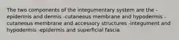 The two components of the integumentary system are the -epidermis and dermis -cutaneous membrane and hypodermis -cutaneous membrane and accessory structures -integument and hypodermis -epidermis and superficial fascia