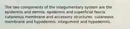 The two components of the integumentary system are the epidermis and dermis. epidermis and superficial fascia. cutaneous membrane and accessory structures. cutaneous membrane and hypodermis. integument and hypodermis.