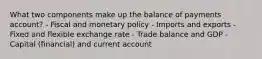 What two components make up the balance of payments account? - Fiscal and monetary policy - Imports and exports - Fixed and flexible exchange rate - Trade balance and GDP - Capital (financial) and current account