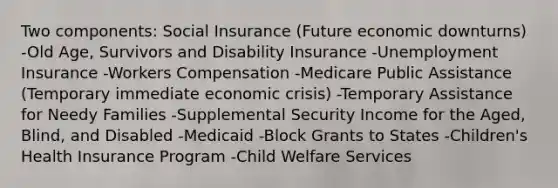 Two components: Social Insurance (Future economic downturns) -Old Age, Survivors and Disability Insurance -Unemployment Insurance -Workers Compensation -Medicare Public Assistance (Temporary immediate economic crisis) -Temporary Assistance for Needy Families -Supplemental Security Income for the Aged, Blind, and Disabled -Medicaid -Block Grants to States -Children's Health Insurance Program -Child Welfare Services