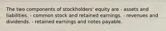 The two components of stockholders' equity are - assets and liabilities. - common stock and retained earnings. - revenues and dividends. - retained earnings and notes payable.