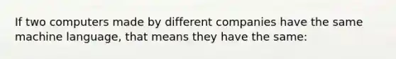 If two computers made by different companies have the same machine language, that means they have the same: