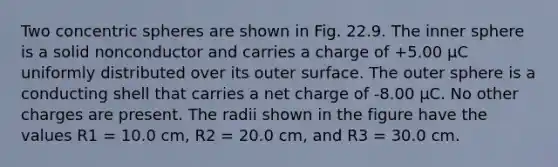 Two concentric spheres are shown in Fig. 22.9. The inner sphere is a solid nonconductor and carries a charge of +5.00 µC uniformly distributed over its outer surface. The outer sphere is a conducting shell that carries a net charge of -8.00 µC. No other charges are present. The radii shown in the figure have the values R1 = 10.0 cm, R2 = 20.0 cm, and R3 = 30.0 cm.