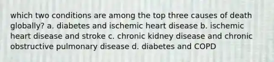 which two conditions are among the top three causes of death globally? a. diabetes and ischemic heart disease b. ischemic heart disease and stroke c. chronic kidney disease and chronic obstructive pulmonary disease d. diabetes and COPD