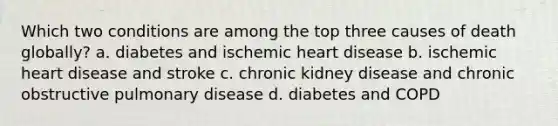 Which two conditions are among the top three causes of death globally? a. diabetes and ischemic heart disease b. ischemic heart disease and stroke c. chronic kidney disease and chronic obstructive pulmonary disease d. diabetes and COPD