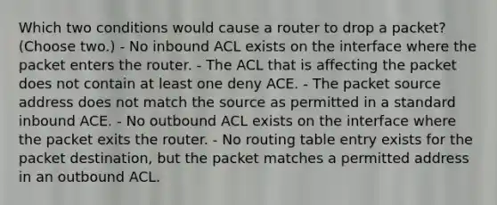 Which two conditions would cause a router to drop a packet? (Choose two.) - No inbound ACL exists on the interface where the packet enters the router. - The ACL that is affecting the packet does not contain at least one deny ACE. - The packet source address does not match the source as permitted in a standard inbound ACE. - No outbound ACL exists on the interface where the packet exits the router. - No routing table entry exists for the packet destination, but the packet matches a permitted address in an outbound ACL.