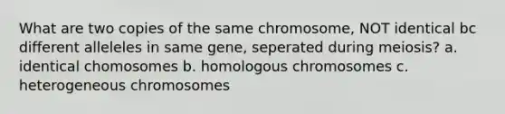 What are two copies of the same chromosome, NOT identical bc different alleleles in same gene, seperated during meiosis? a. identical chomosomes b. homologous chromosomes c. heterogeneous chromosomes