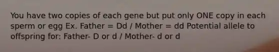 You have two copies of each gene but put only ONE copy in each sperm or egg Ex. Father = Dd / Mother = dd Potential allele to offspring for: Father- D or d / Mother- d or d