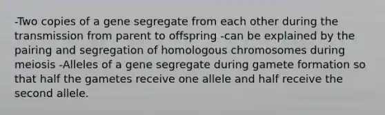 -Two copies of a gene segregate from each other during the transmission from parent to offspring -can be explained by the pairing and segregation of homologous chromosomes during meiosis -Alleles of a gene segregate during gamete formation so that half the gametes receive one allele and half receive the second allele.