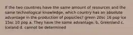 If the two countries have the same amount of resources and the same technological knowledge, which country has an absolute advantage in the production of popsicles? green 20sc 16 pop ice 15sc 10 pop a. They have the same advantage. b. Greenland c. Iceland d. cannot be determined