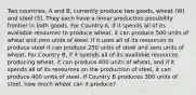 Two countries, A and B, currently produce two goods, wheat (W) and steel (S). They each have a linear production possibility frontier in both goods. For Country A, if it spends all of its available resources to produce wheat, it can produce 500 units of wheat and zero units of steel. If it uses all of its resources to produce steel it can produce 250 units of steel and zero units of wheat. For Country B, if it spends all of its available resources producing wheat, it can produce 400 units of wheat, and if it spends all of its resources on the production of steel, it can produce 400 units of steel. If Country B produces 300 units of steel, how much wheat can it produce?