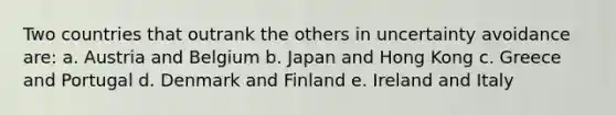 Two countries that outrank the others in uncertainty avoidance are: a. Austria and Belgium b. Japan and Hong Kong c. Greece and Portugal d. Denmark and Finland e. Ireland and Italy