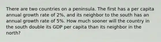 There are two countries on a peninsula. The first has a per capita annual growth rate of 2%, and its neighbor to the south has an annual growth rate of 5%. How much sooner will the country in the south double its GDP per capita than its neighbor in the north?